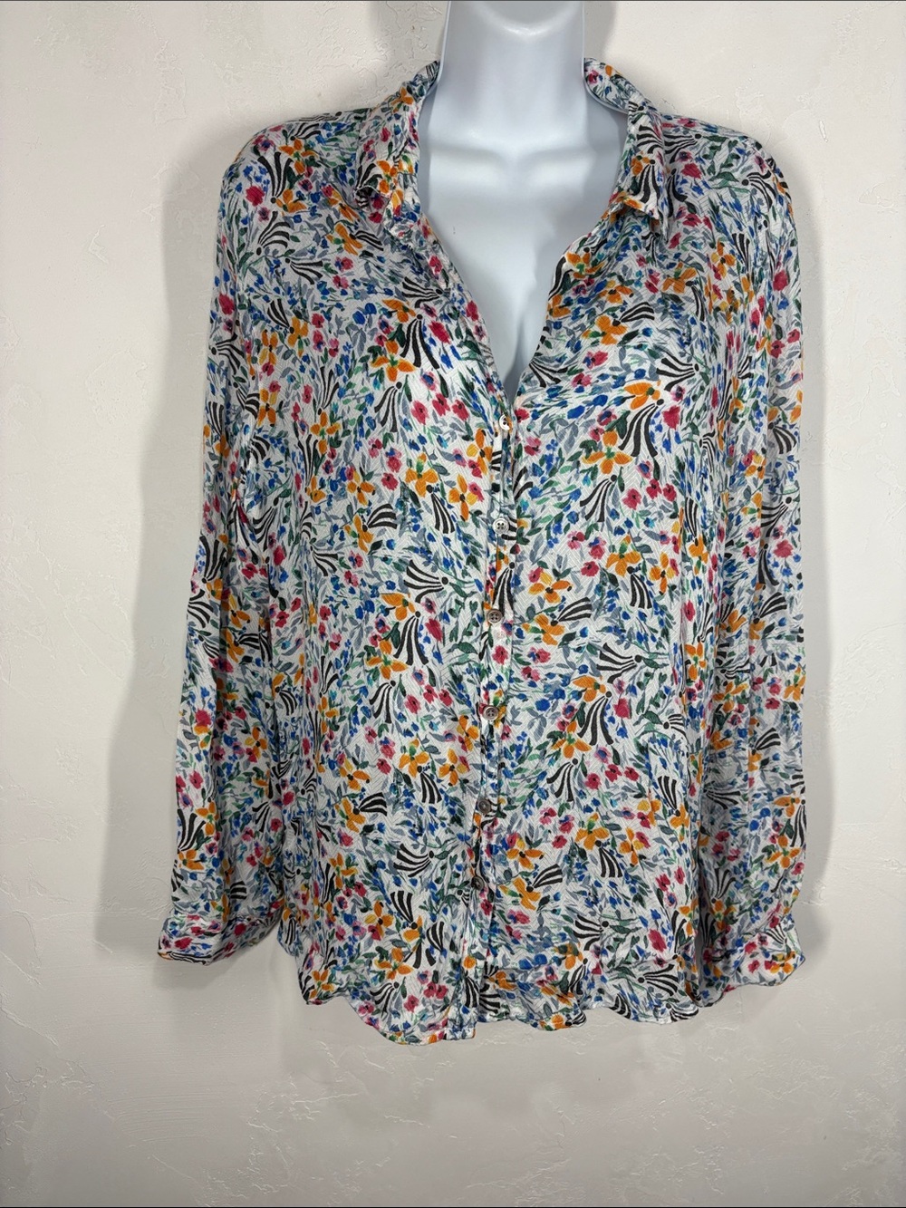 Paradigma Floral Button-Front Long-Sleeve Blouse - White Multi size large